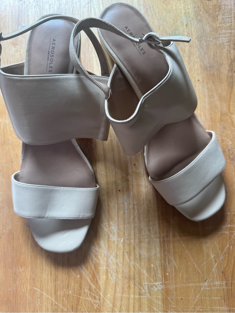 AEROSOLES Taupe Two-Strap Block Heel Slingback Sandals